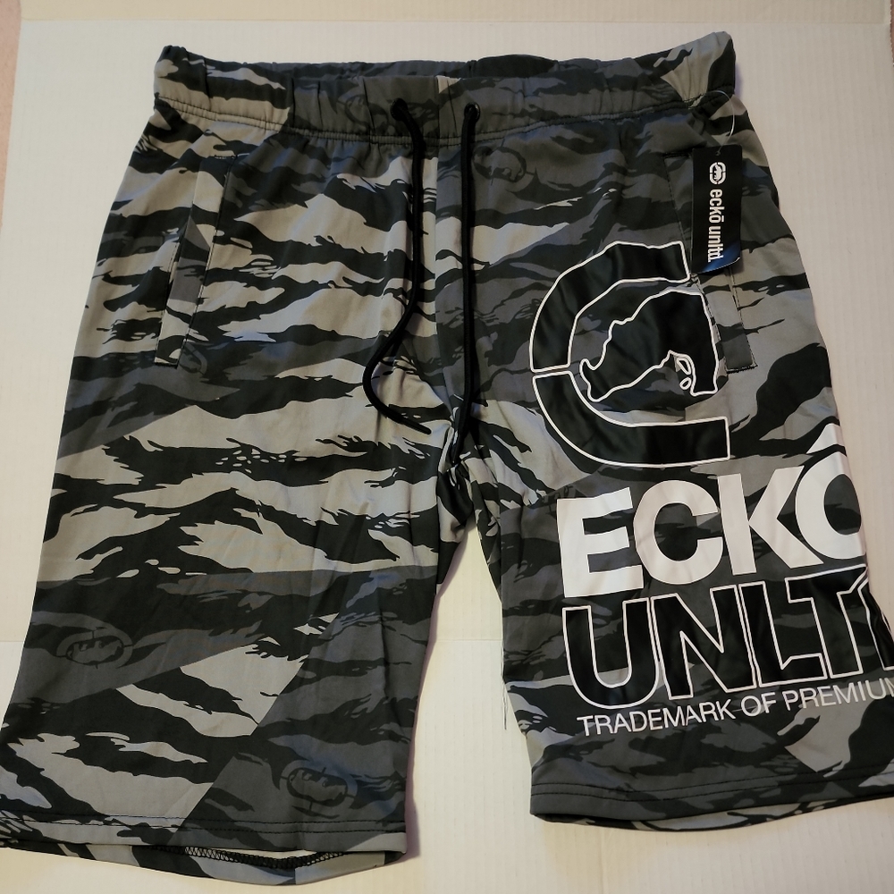 Ecko Unltd. Fleece Shorts Mens Black/Gray Camo All Over Print Gym